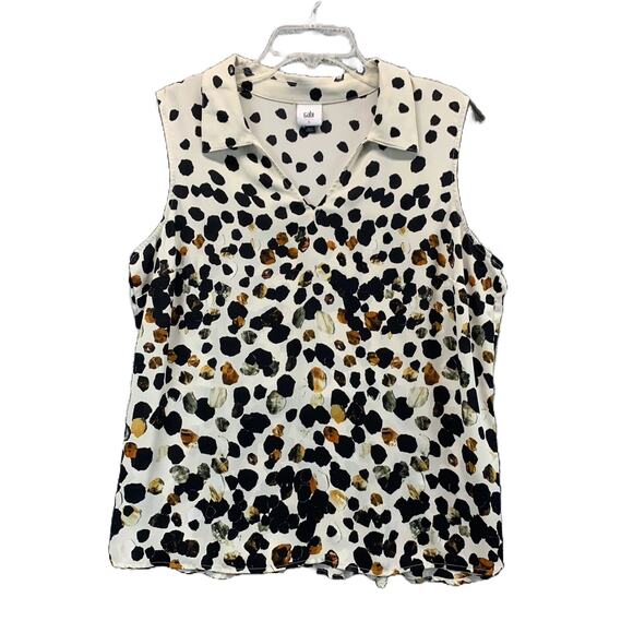 CAbi Blouse Top Large Womans Seismic Ivory Color Spots Sleeveless Collared #3989 - Picture 1 of 10